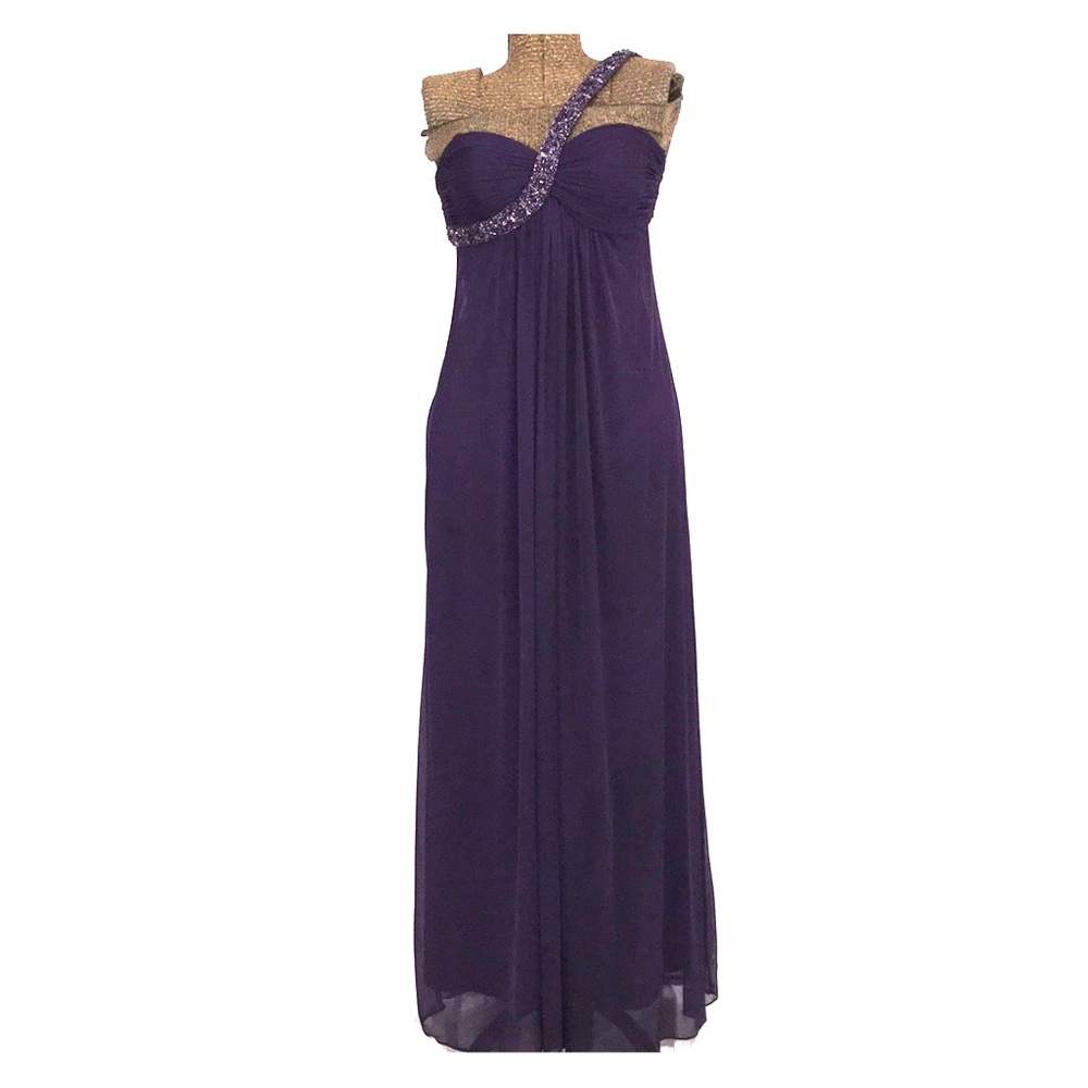 Cache Plum One Shoulder Beaded Evening Gown